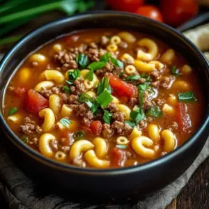 One-Pot Cheeseburger Macaroni Soup with Beef and Pasta in a Bowl