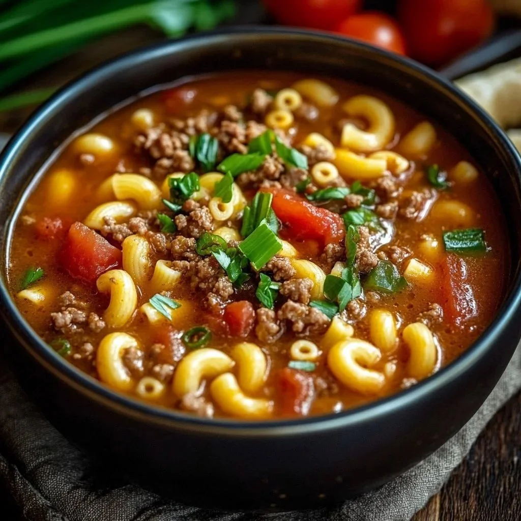 One-Pot Cheeseburger Macaroni Soup with Beef and Pasta in a Bowl
