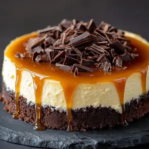 Delicious cheesecake topped with caramel brownies dessert