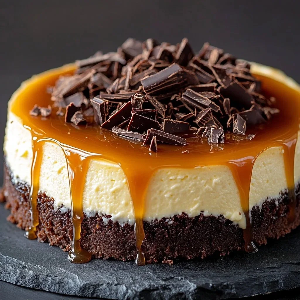 Delicious cheesecake topped with caramel brownies dessert
