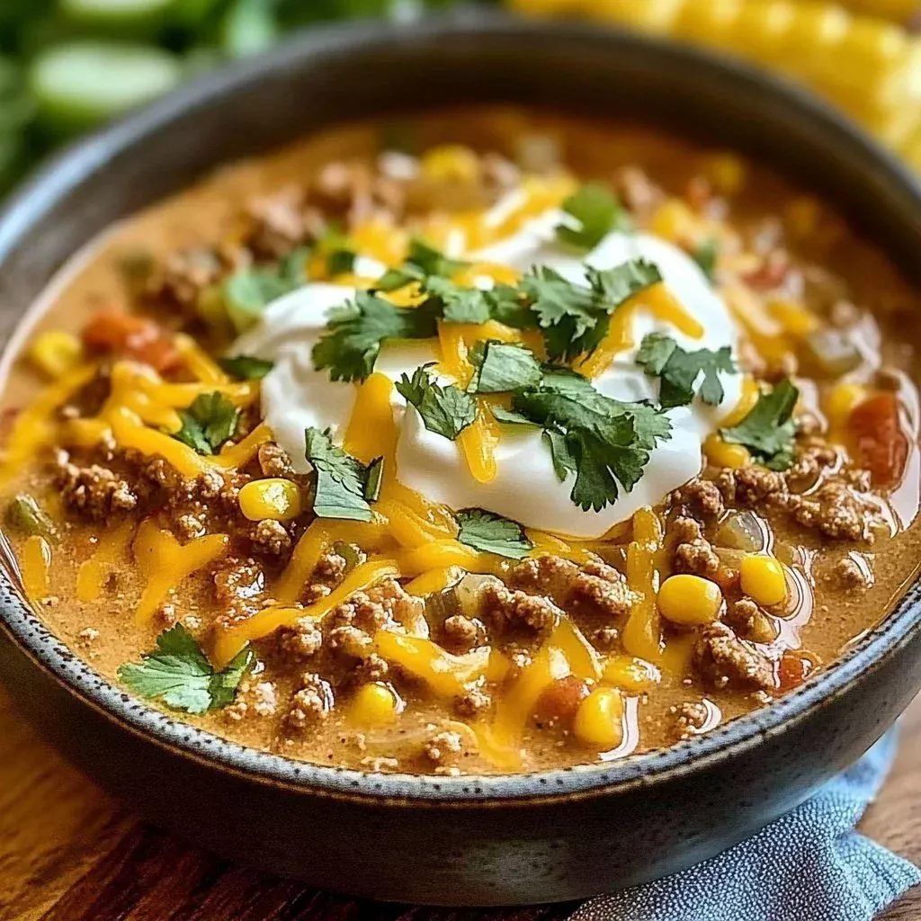 Cheesy Beef Enchilada Chili in a bowl with toppings