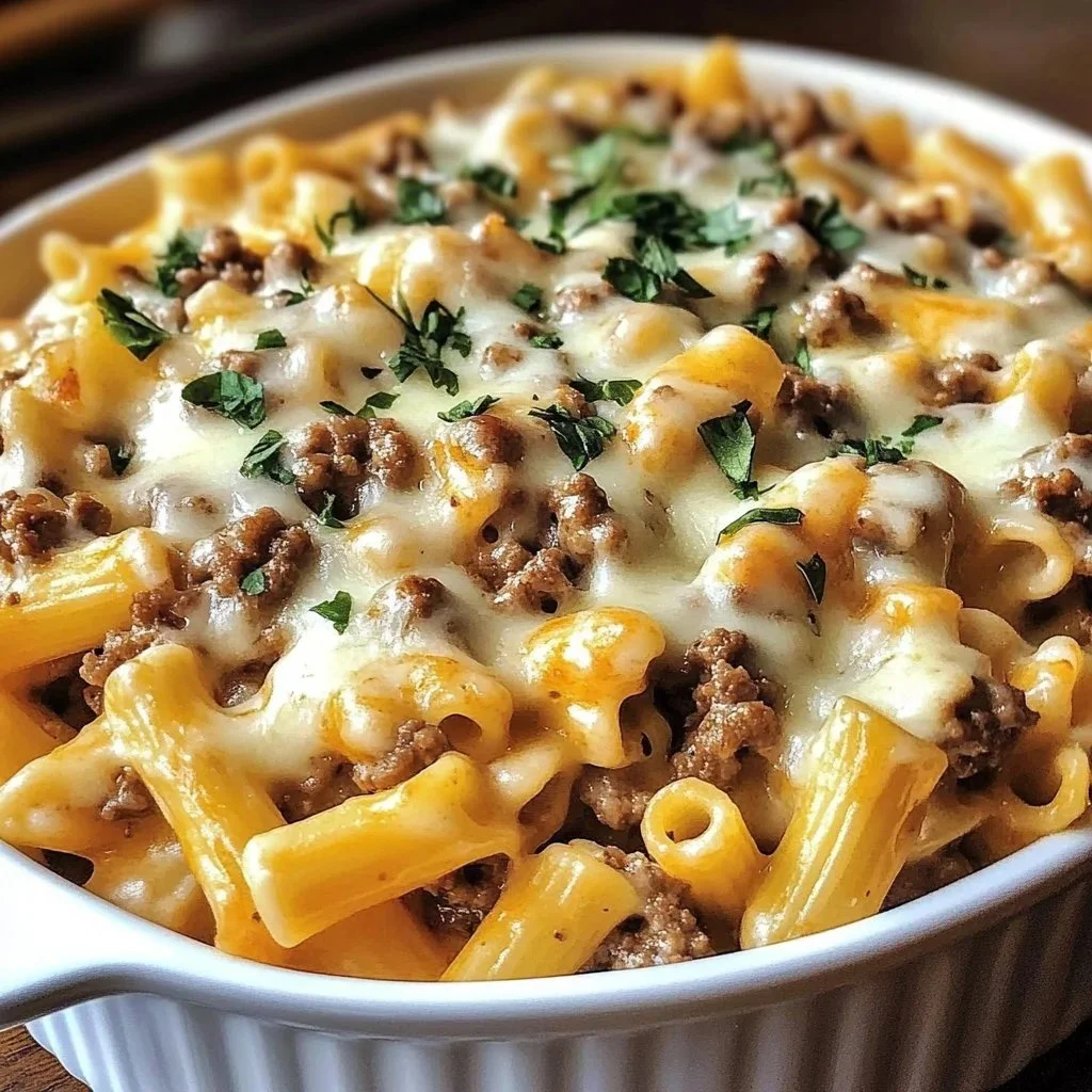Cheesy Ground Beef Stroganoff Pasta Bake served in a dish