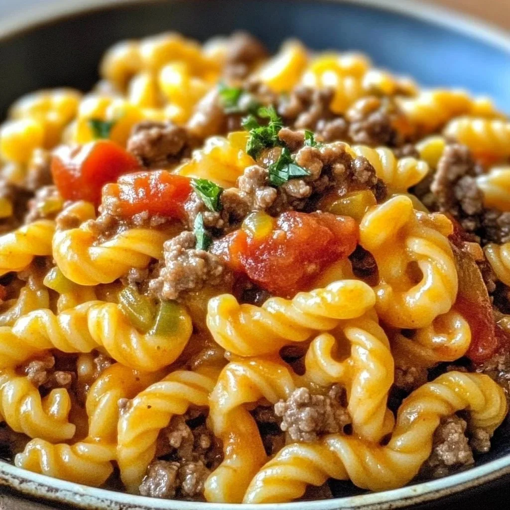 Cheesy hamburger pasta bake served in a bowl with melted cheese on top.