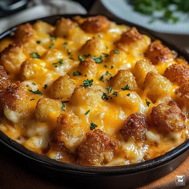 Cheesy Meatloaf and Tater Tot Bake served in a dish, garnished with herbs