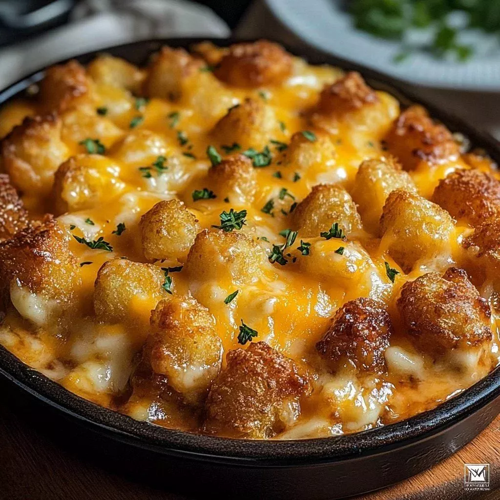 Cheesy Meatloaf and Tater Tot Bake served in a dish, garnished with herbs