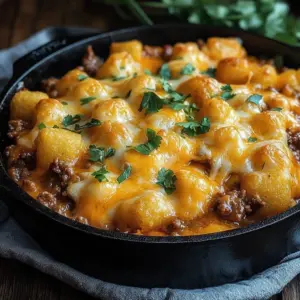 Cheesy Sloppy Joe Tater Tot Bake topped with melted cheese and crispy tots