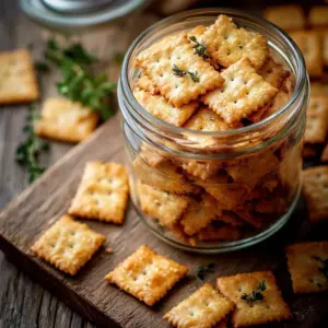 Homemade cheesy sourdough crackers served on a wooden platter.
