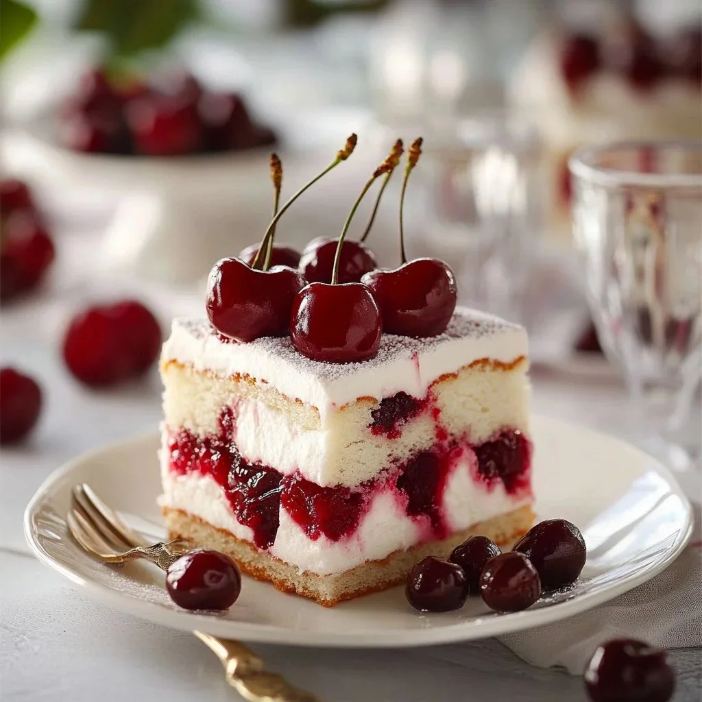 Delicious Cherry Amaretto Tiramisu layered dessert with cherries and amaretto.