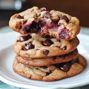 Plate of freshly baked Cherry Chocolate Chip Cookies with melted chocolate and cherries