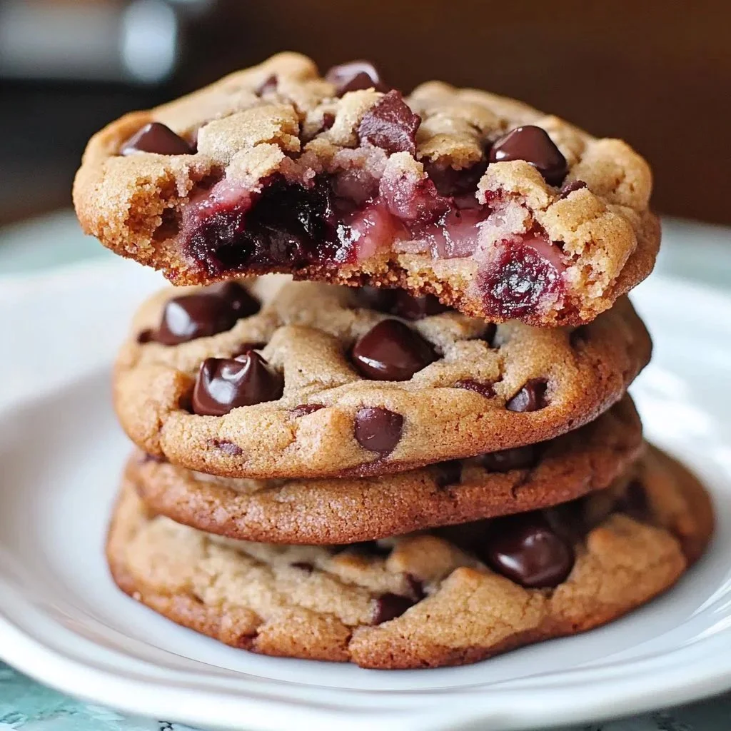 Plate of freshly baked Cherry Chocolate Chip Cookies with melted chocolate and cherries