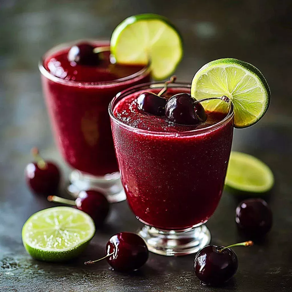 Cherry Lime Beetroot Smoothie served in a glass with fresh cherries and lime slices.