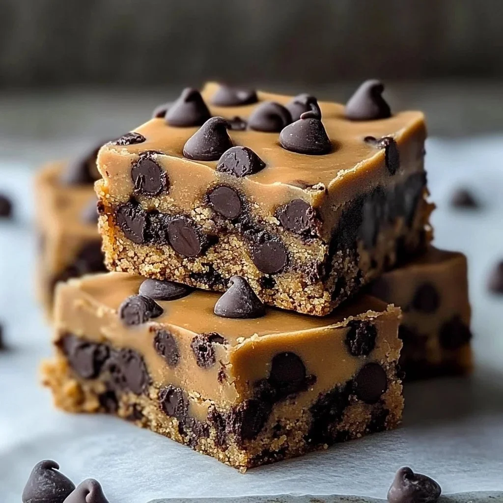 Delicious chewy chocolate chip cookie dough bars on a wooden table.