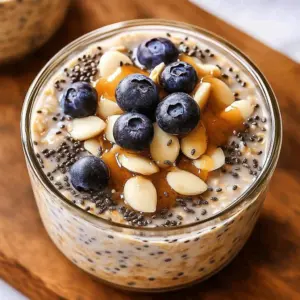 Delicious bowl of chia and almond butter overnight oats topped with fruits