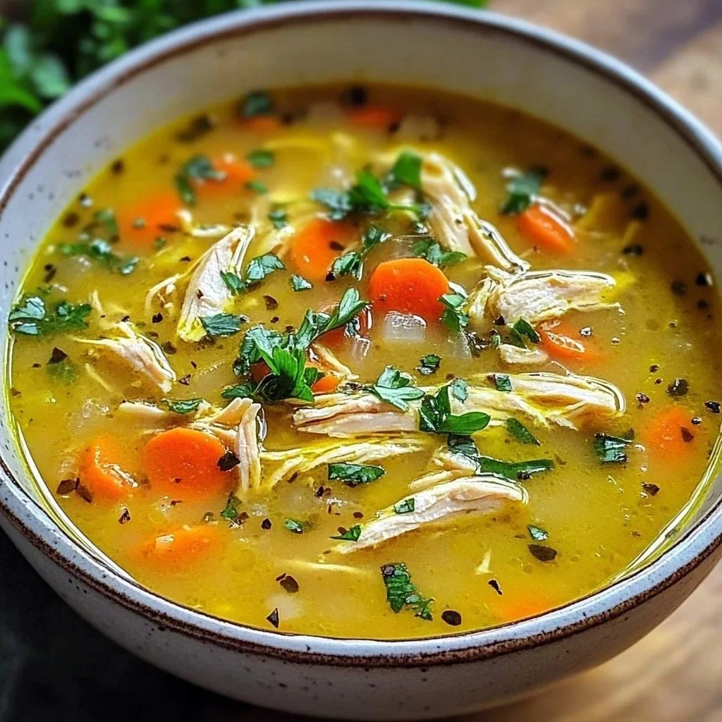 Bowl of chicken soup with herbs, a natural remedy that fights inflammation.