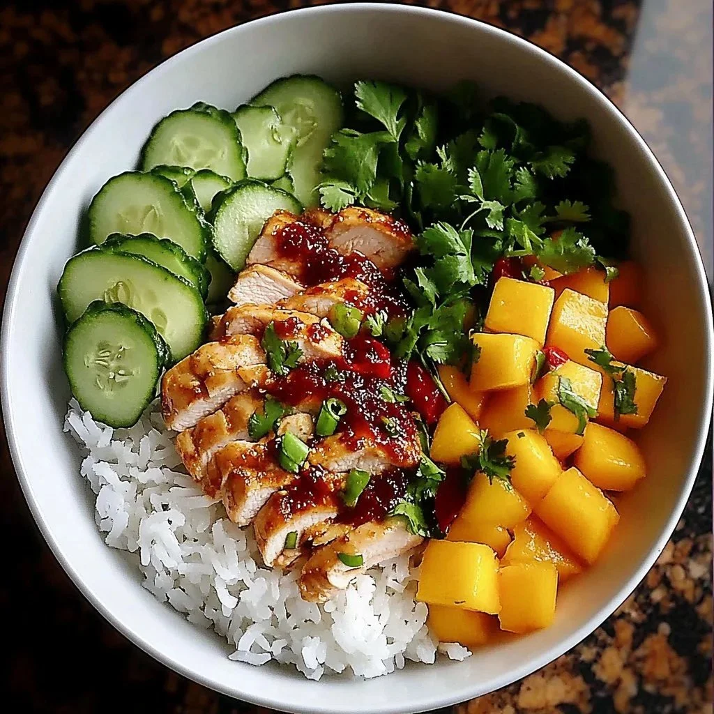 Chili Crisp Mango Chicken Rice Bowl garnished with fresh herbs and chili