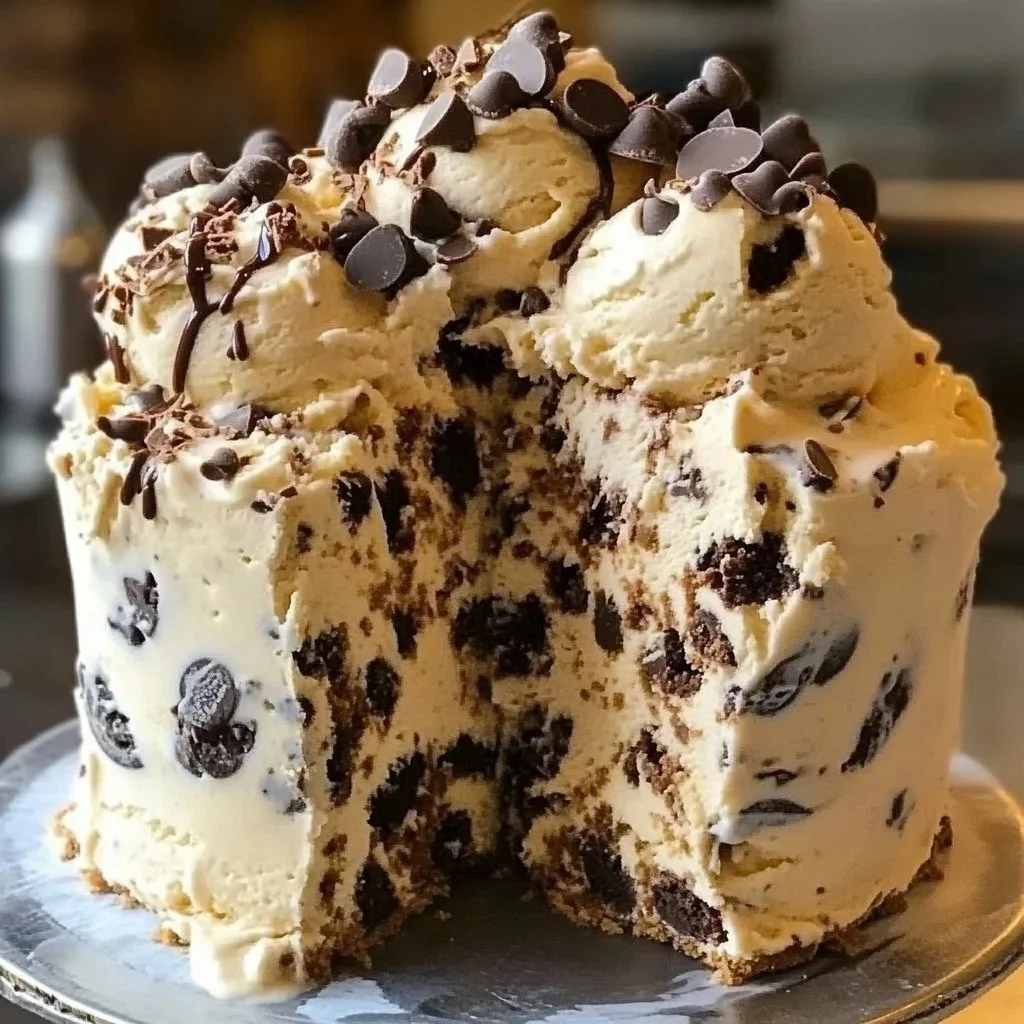 Delicious Chocolate Chip Cookie Dough Cake topped with cookie dough and chocolate chips.