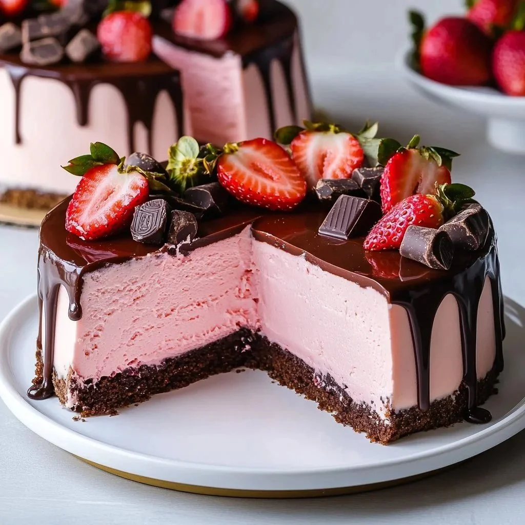 Delicious chocolate covered strawberry cheesecake topped with fresh strawberries.