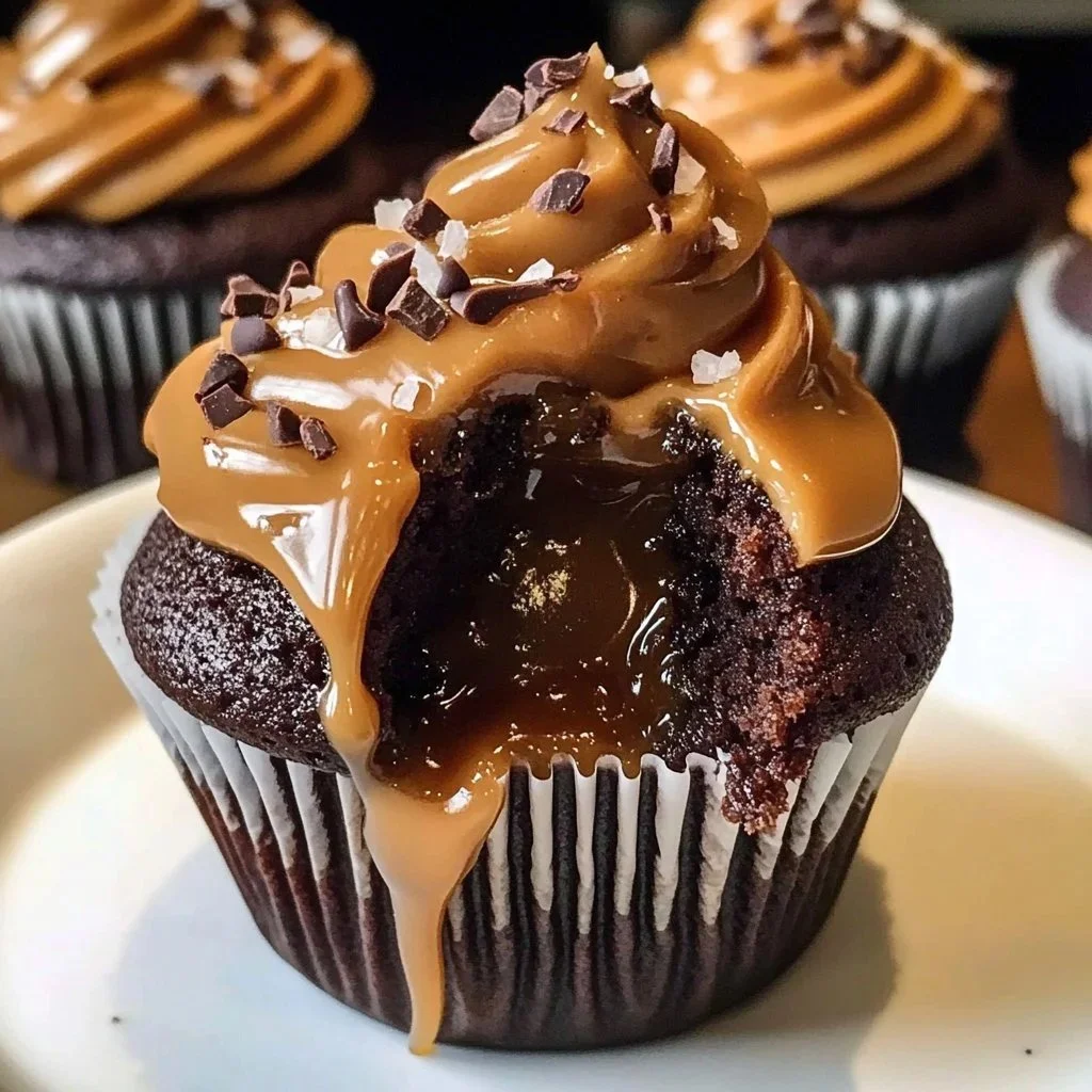 Delicious chocolate cupcakes with salted caramel topping, beautifully presented.