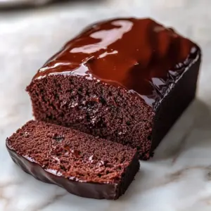 Chocolate glazed loaf cake topped with glossy chocolate icing