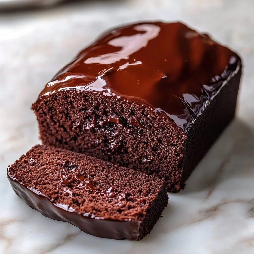 Chocolate glazed loaf cake topped with glossy chocolate icing