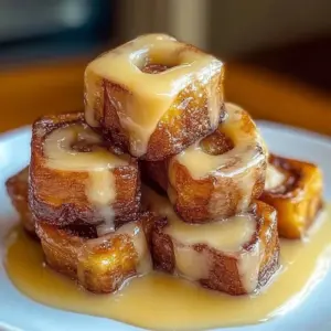 Cinnamon roll toast bites topped with icing and cinnamon sugar on a plate.