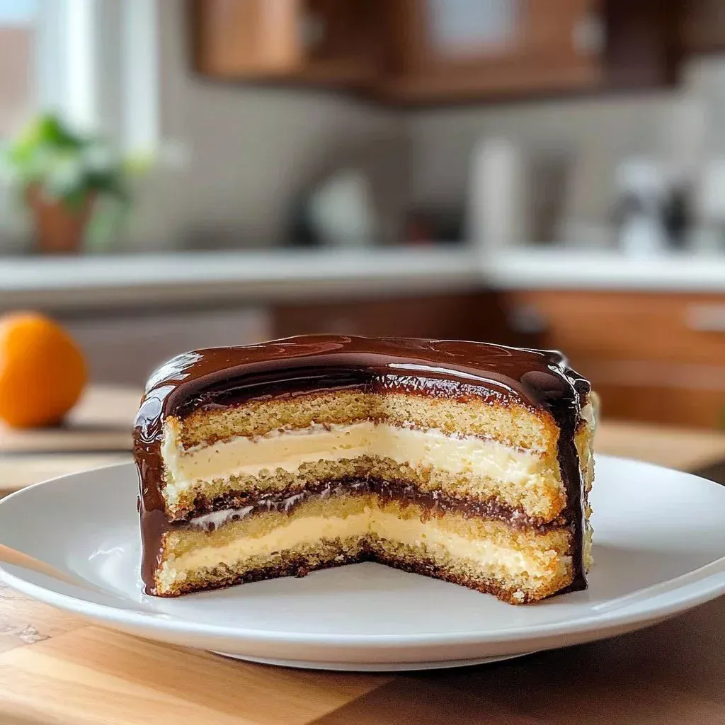 Slice of Classic Boston Cream Pie with chocolate glaze and creamy filling