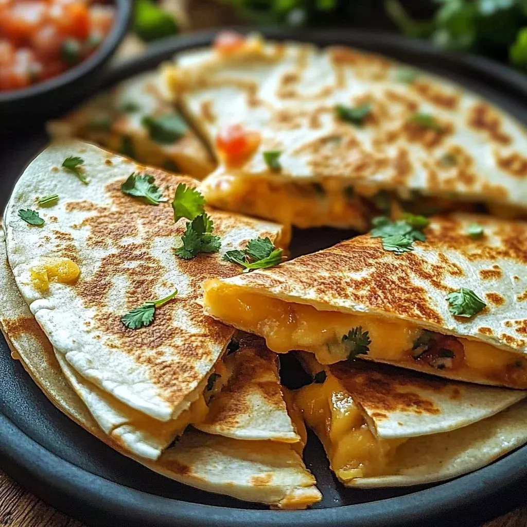 Delicious cheesy quesadilla served with salsa and guacamole