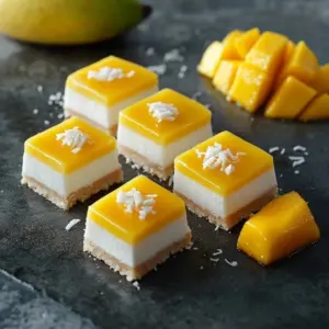 Coconut Mango No-Bake Cheesecake Bars served on a plate with fresh mango