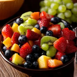 Colorful fresh fruit medley featuring a variety of fruits like berries and melons