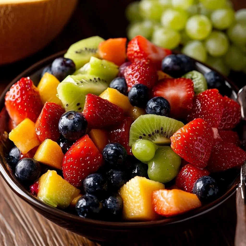 Colorful fresh fruit medley featuring a variety of fruits like berries and melons
