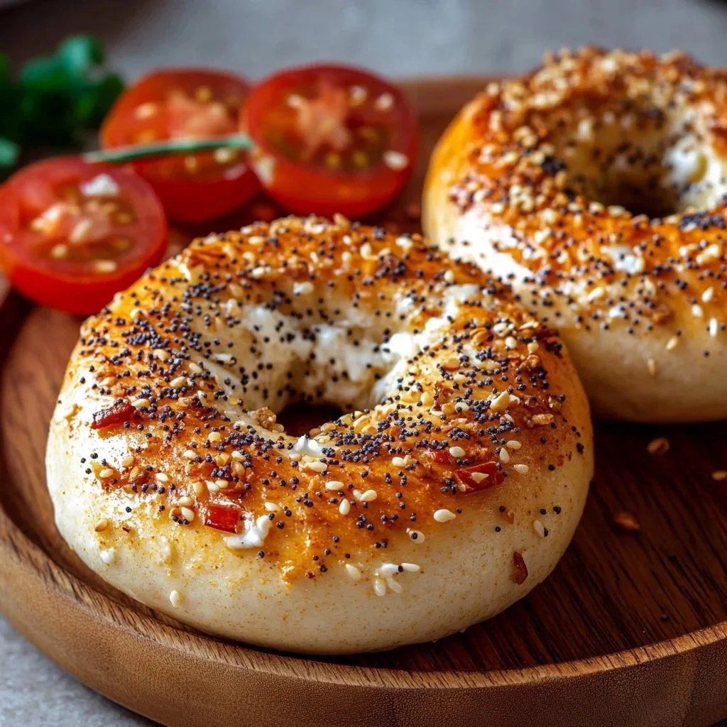 Homemade Cottage Cheese Bagels topped with seeds on a wooden board