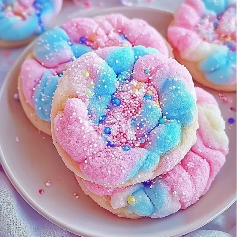 Delicious cotton candy cookies topped with colorful sprinkles.