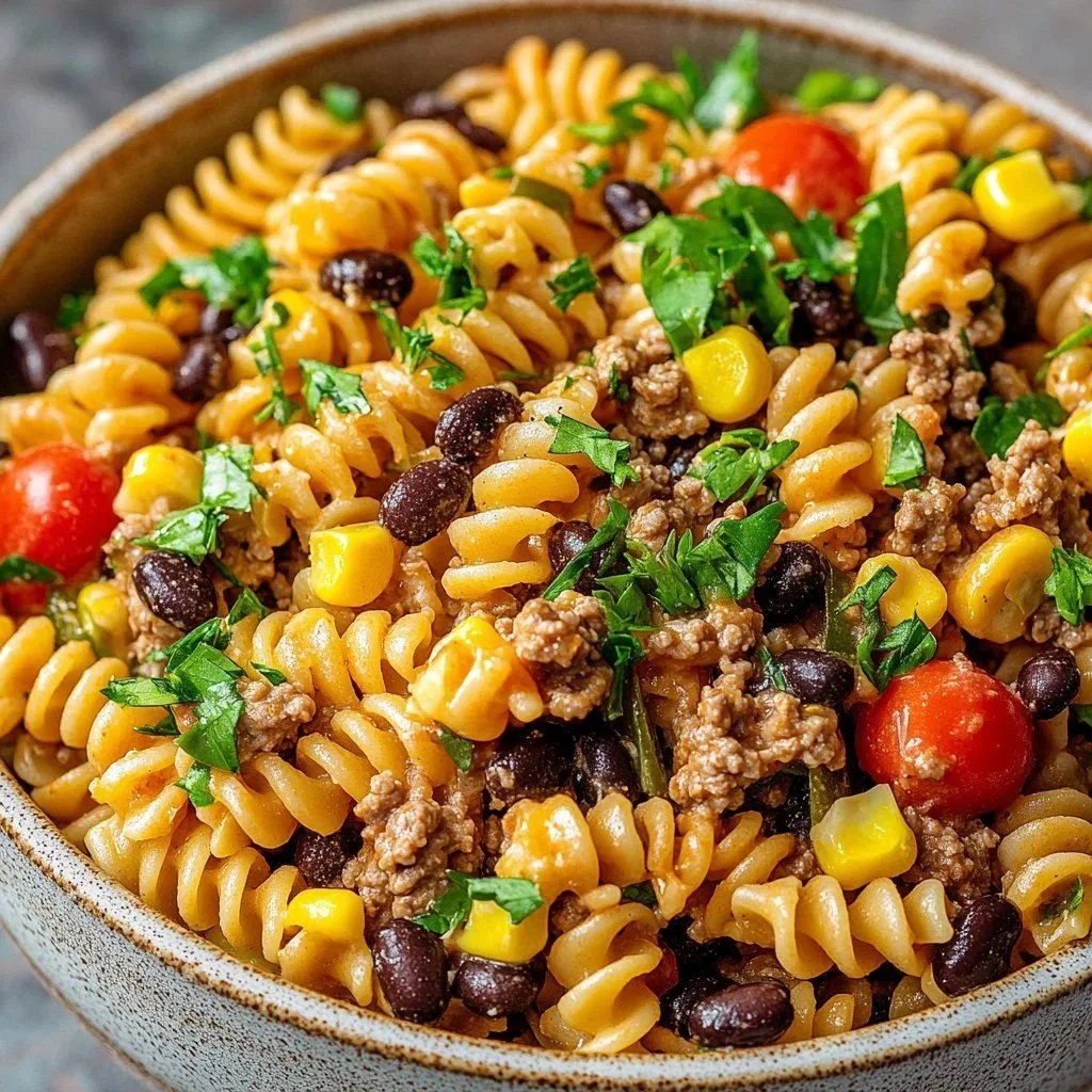 Bowl of colorful Cowboy Pasta Salad with fresh veggies and dressing
