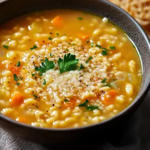 Bowl of cozy pastina soup topped with fresh herbs and grated cheese.