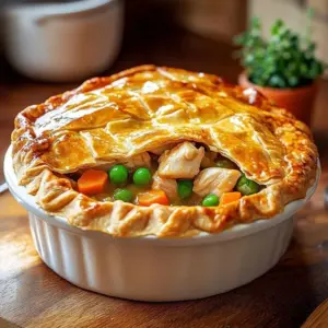 Delicious cozy creamy chicken pot pie served in a rustic bowl