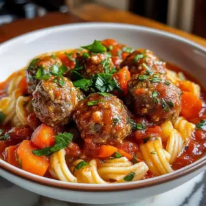 Bowl of cozy meatball soup with fresh herbs and vegetables.