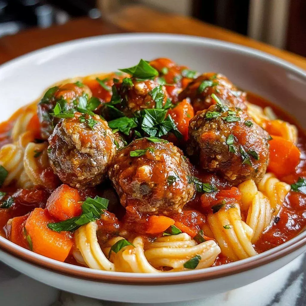 Bowl of cozy meatball soup with fresh herbs and vegetables.