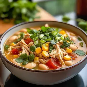 Creamy white chicken chili in a bowl garnished with cilantro and lime.