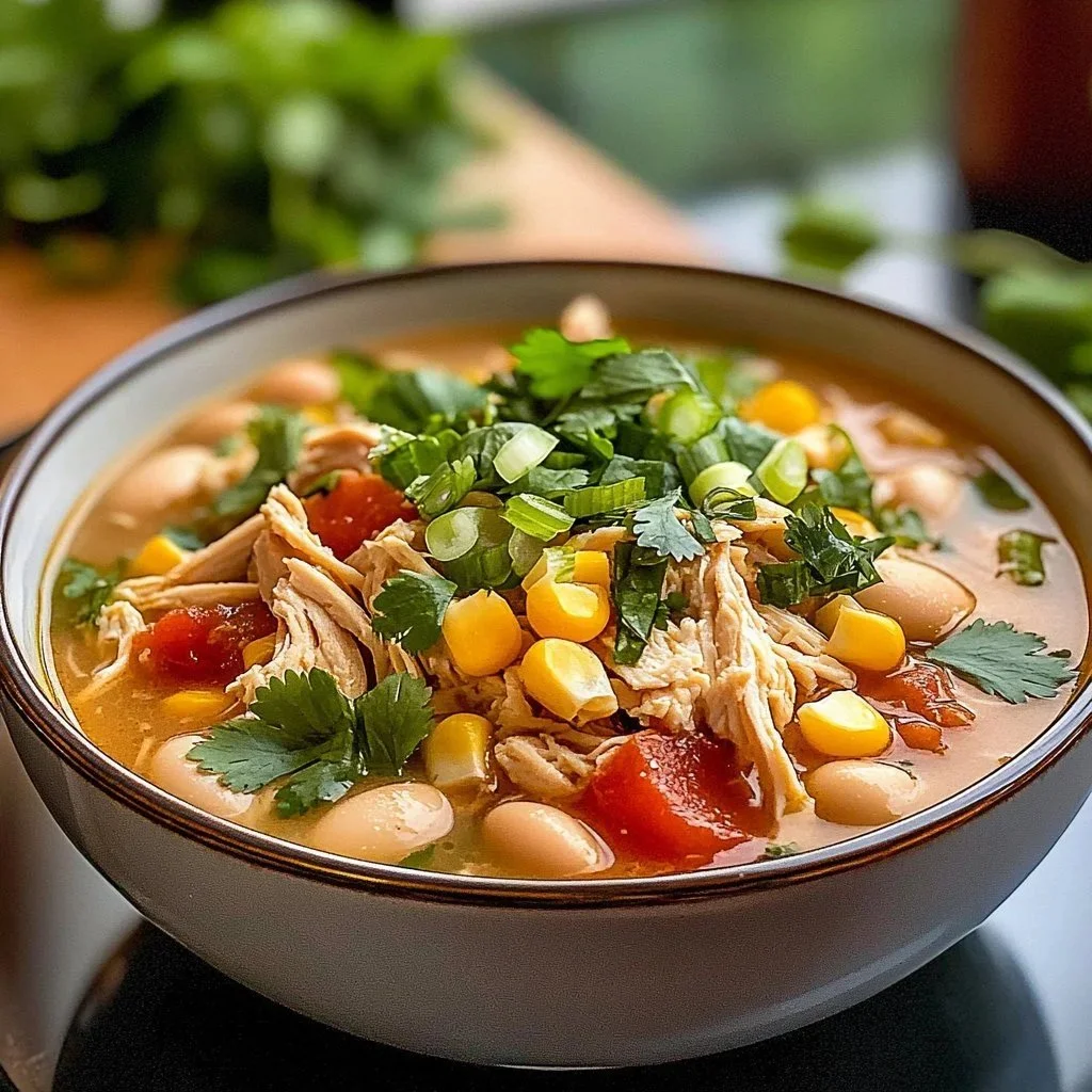 Creamy white chicken chili in a bowl garnished with cilantro and lime.