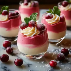 Cranberry mousse cups topped with fresh cranberries and cream