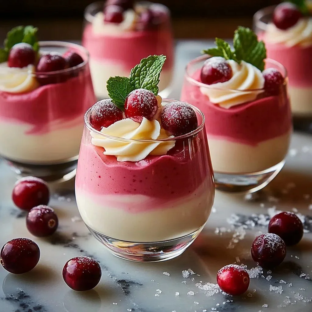 Cranberry mousse cups topped with fresh cranberries and cream