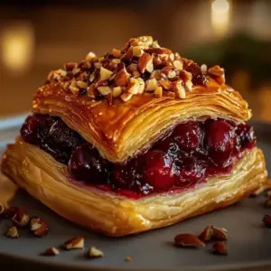 Cranberry Pecan Brie Puff Pastry served on a rustic wooden board