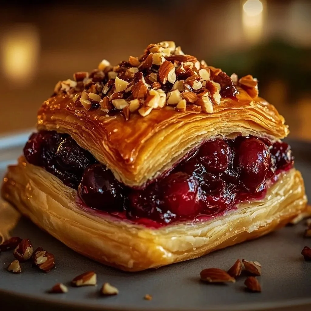 Cranberry Pecan Brie Puff Pastry served on a rustic wooden board