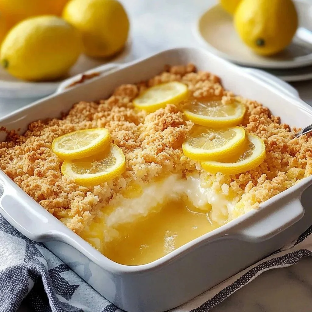 Delicious Cream Cheese Lemon Dump Cake ready to serve with a lemon garnish.
