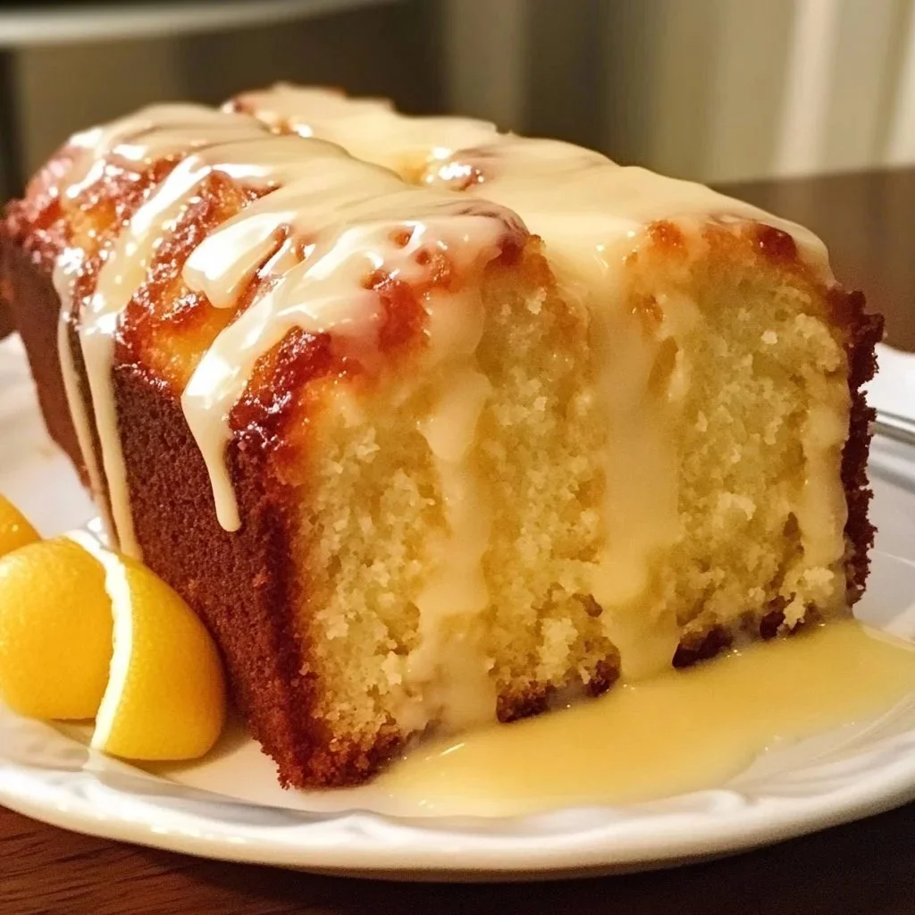 Deliciously moist cream cheese pound cake sliced on a plate.