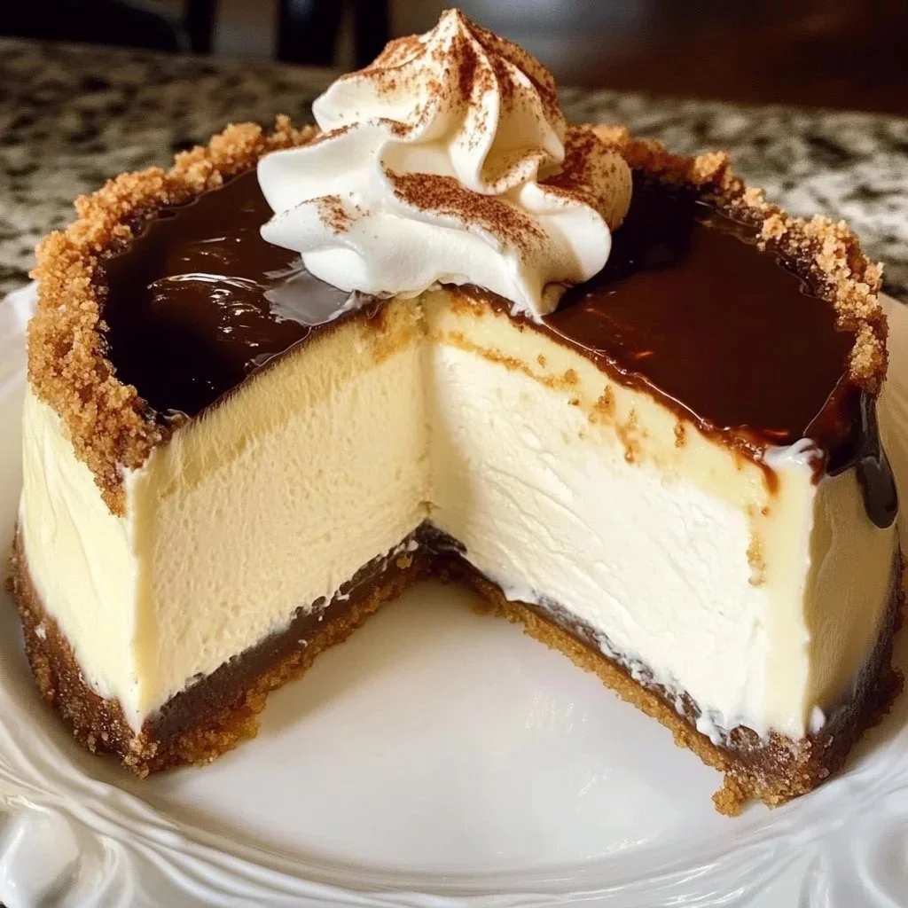 Slice of Cream Pie Cheesecake with Boston Twist garnished with whipped cream and cherries