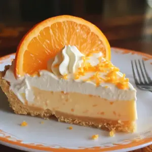 Creamsicle orange no-bake pie slice on a plate with a citrus garnish.