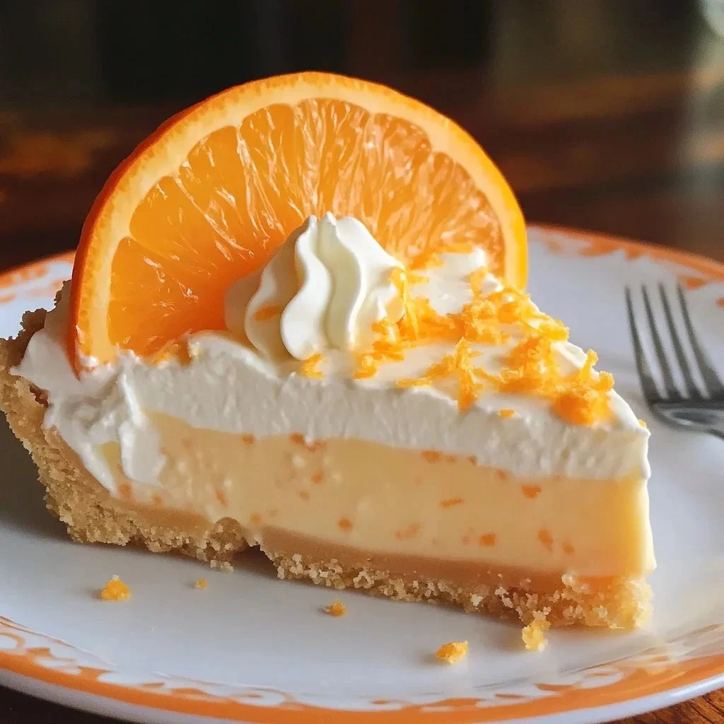 Creamsicle orange no-bake pie slice on a plate with a citrus garnish.