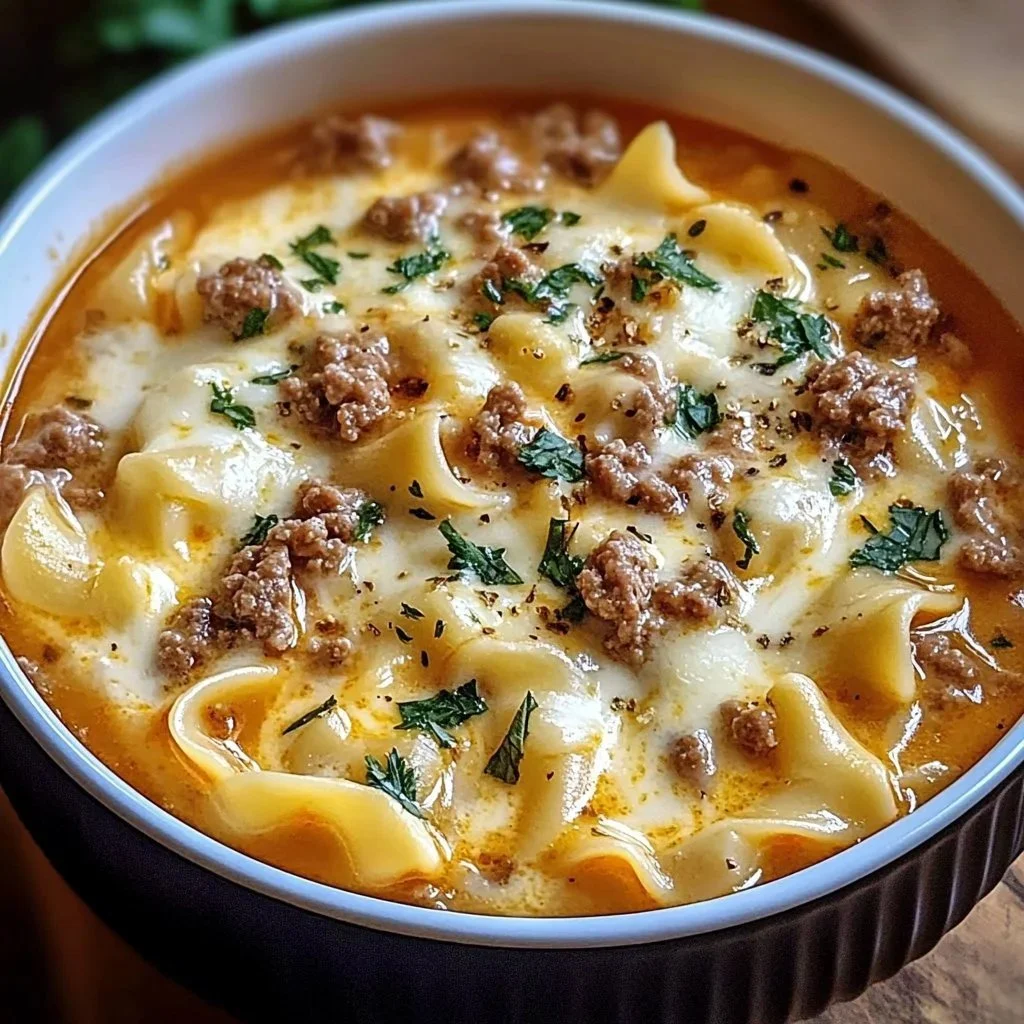 Bowl of creamy Alfredo Lasagna soup topped with parsley and cheese.
