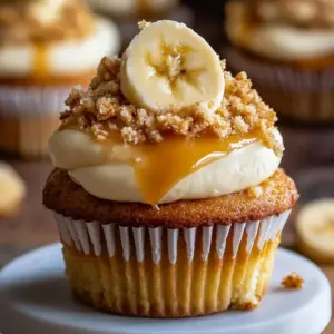 Creamy banana cheesecake cupcakes topped with banana slices and whipped cream